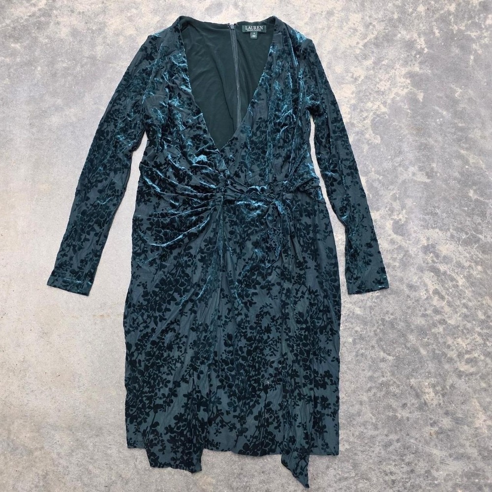 Lauren Ralph Lauren Green Burnout Velvet Floral V-Neck Sheath Dress 6